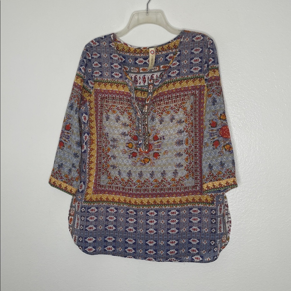 Anthropologie Cyrena Embroidered 3/4 Sleeve Cotton V Neck Floral Tunic Medium